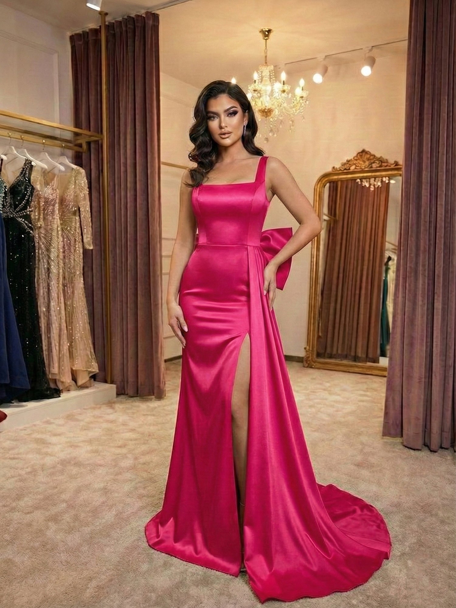 Ivory Grace Satin Square-Neck Prom Dress with Side Bow