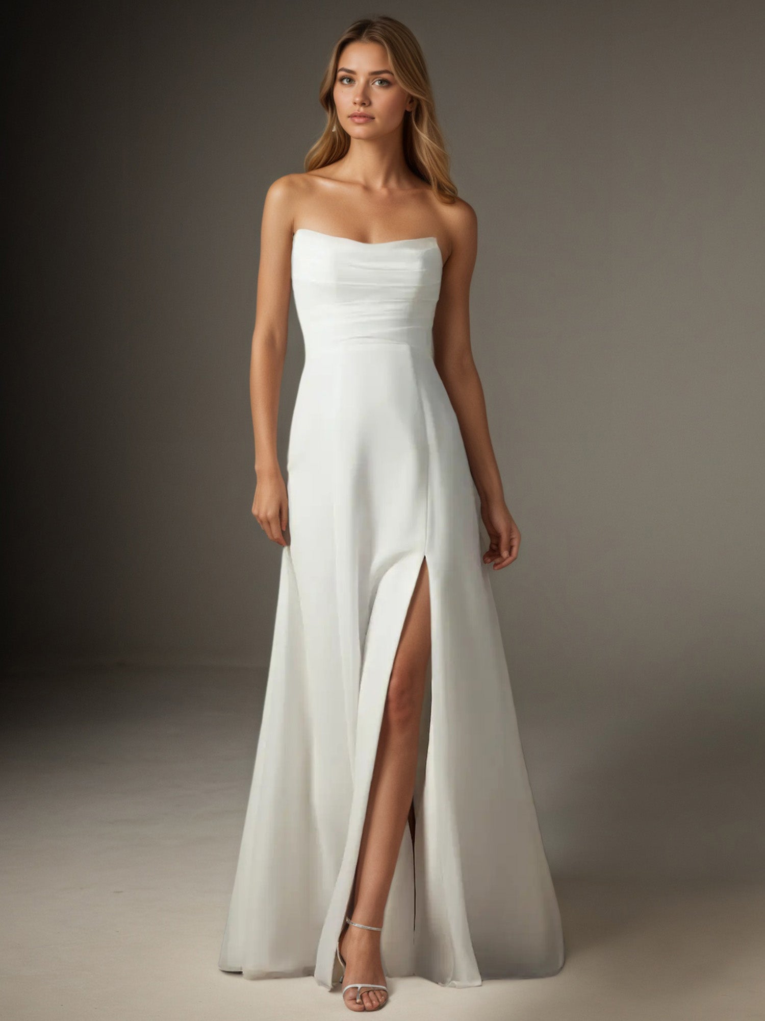 White A-Line Strapless Chiffon Wedding Dress