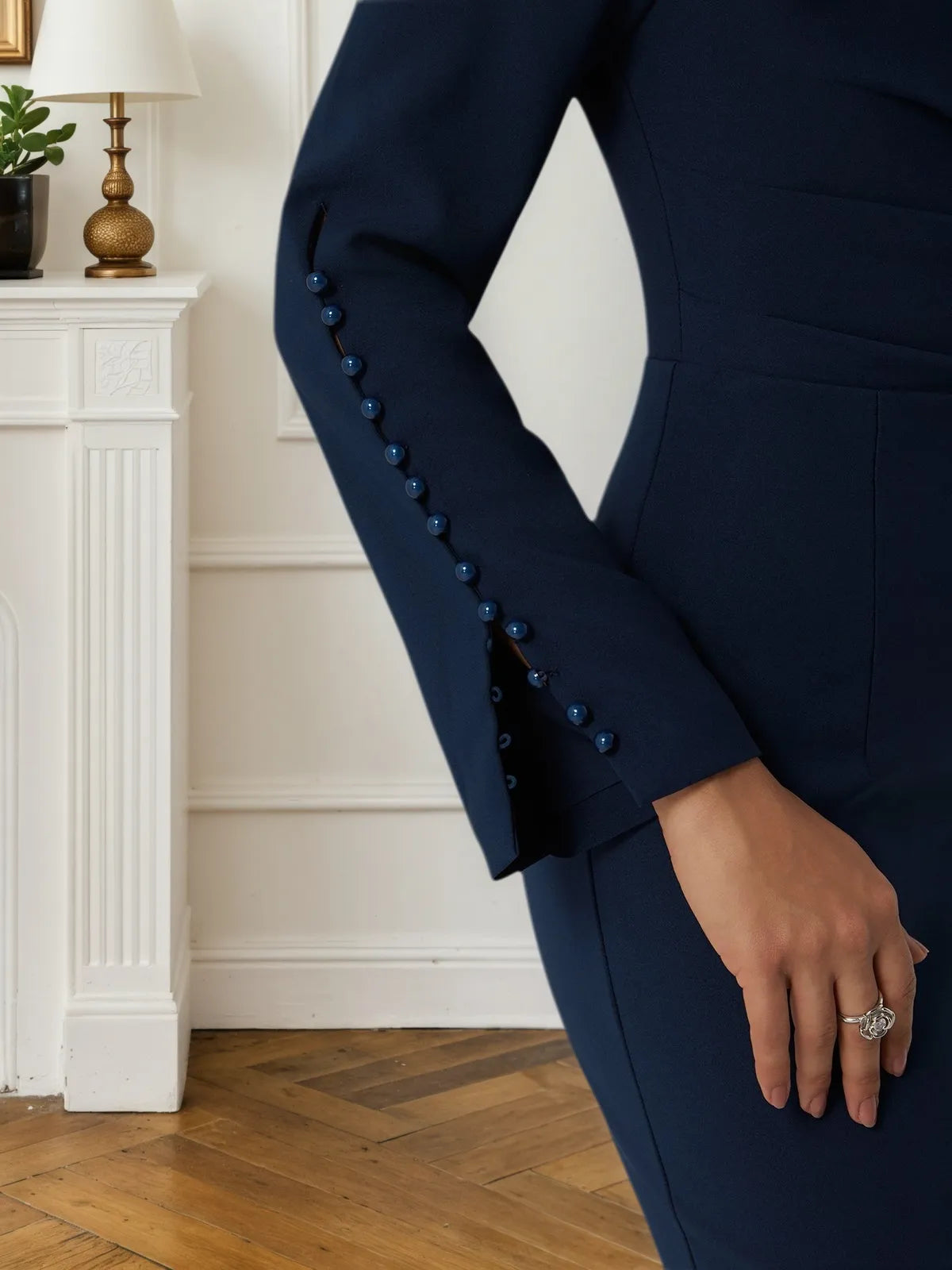 Purplish blue Bow Ruched Classic Boat Neck Long Sleeve Sheath Midi Dress