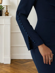 Purplish blue Bow Ruched Classic Boat Neck Long Sleeve Sheath Midi Dress