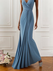 Fall Wedding Guest Dress Light Blue Spaghetti Strap Pleated Maxi Dress