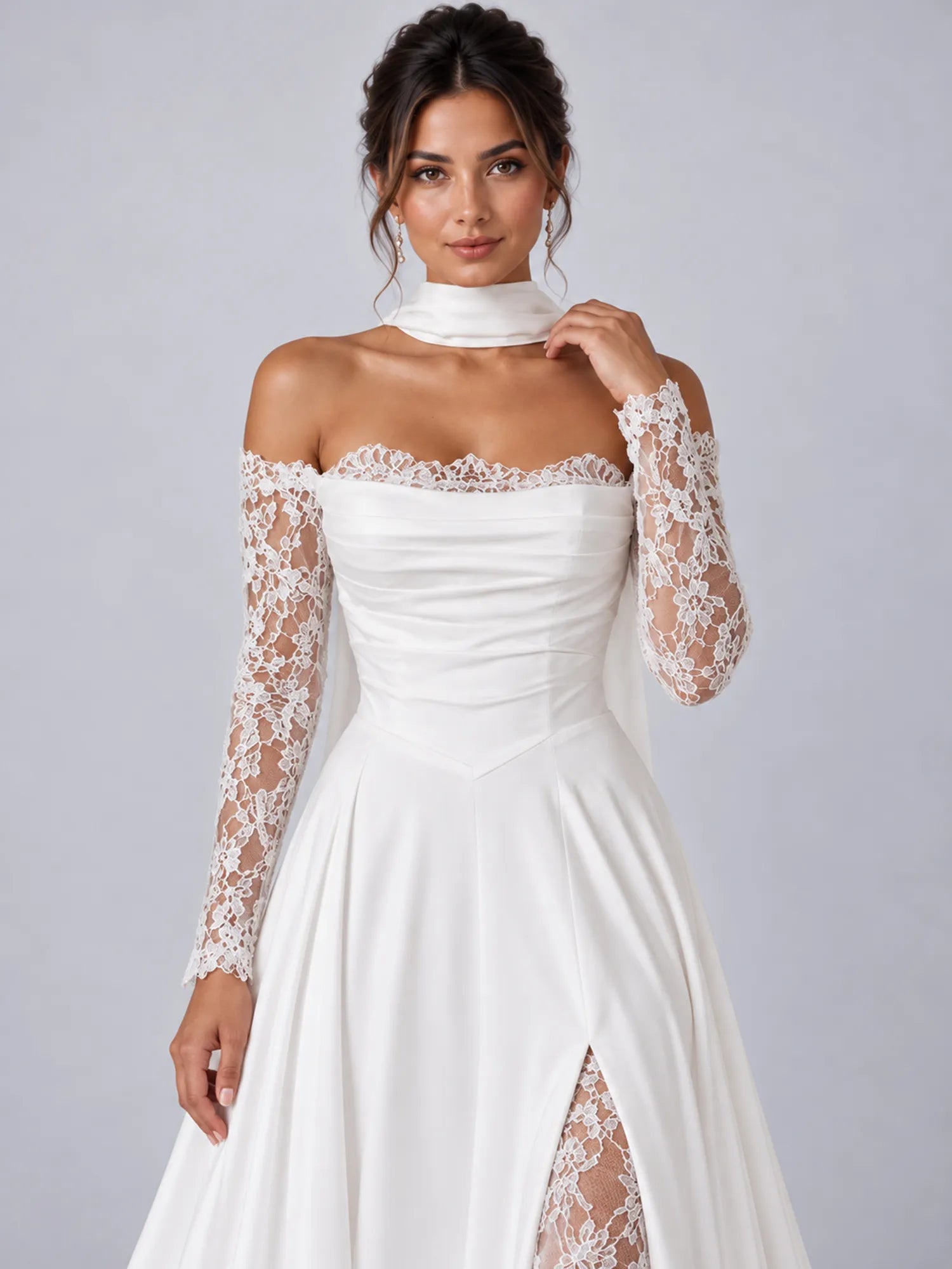 Elegant White Off-the-Shoulder Lace-Trimmed Slit Wedding Dress