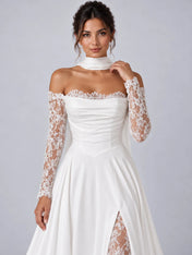 Elegant White Off-the-Shoulder Lace-Trimmed Slit Wedding Dress