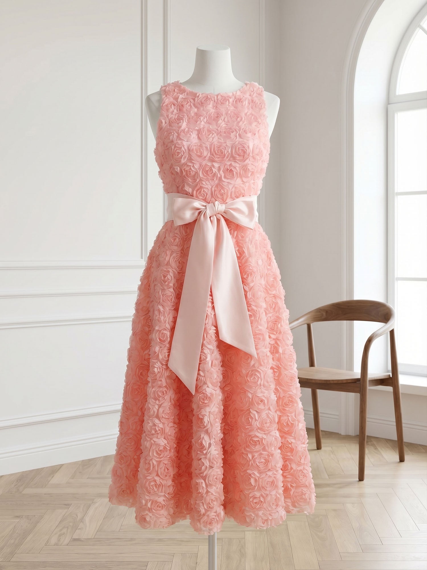 Pink 3D Floral Bow Crew Neck A-Line Midi Dress
