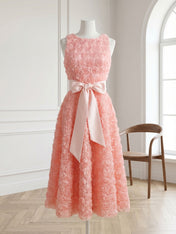 Pink 3D Floral Bow Crew Neck A-Line Midi Dress