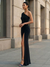 Black One Shoulder Mermaid Pleat Chiffon Evening Dress with Slit