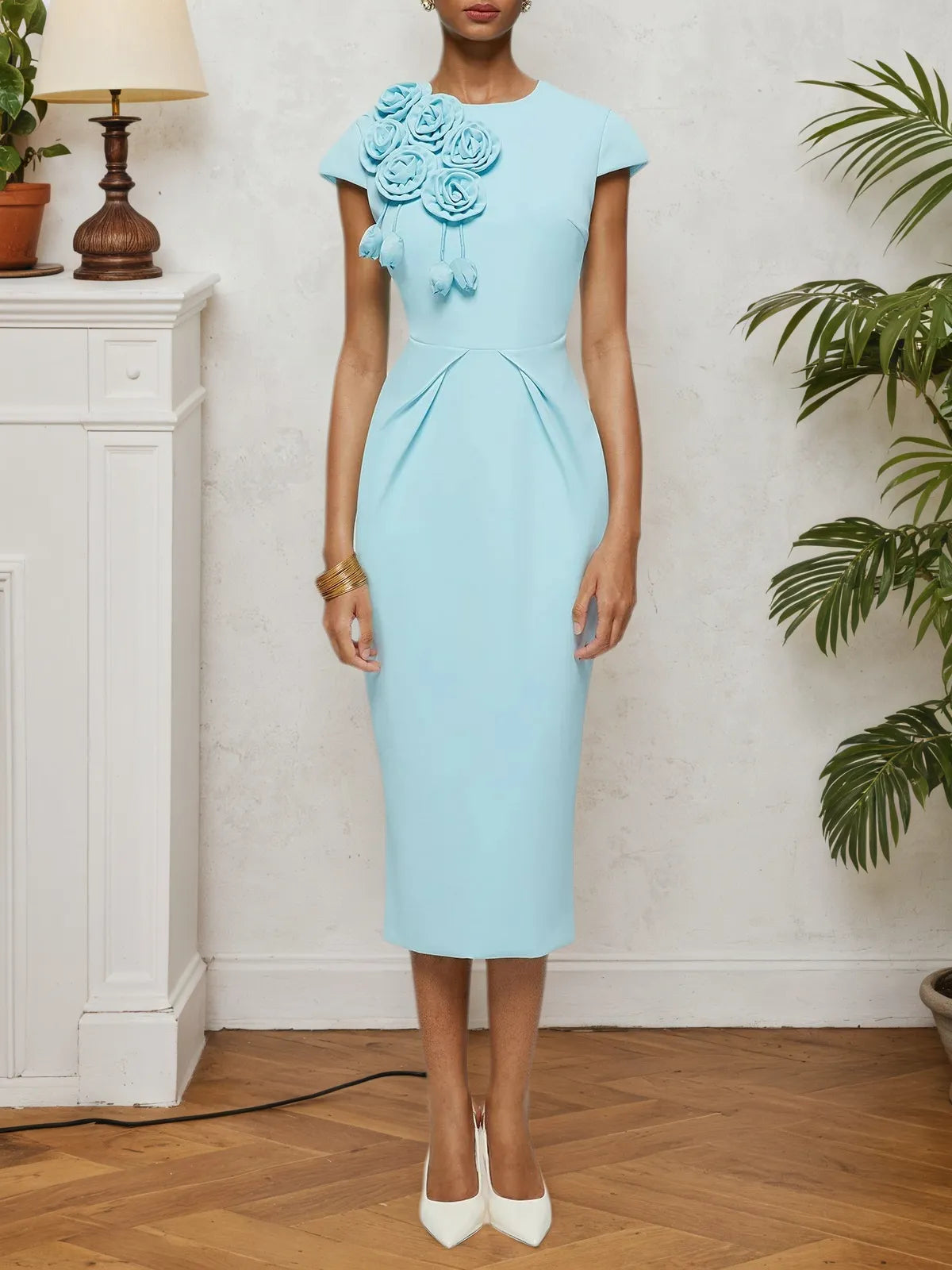 Blue 3D Floral Cap Sleeve Sheath Midi Dress