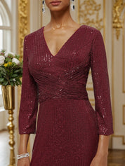 Red Ruched Sequin V Neck Three Quarter Sleeve Sheath Maxi Dress