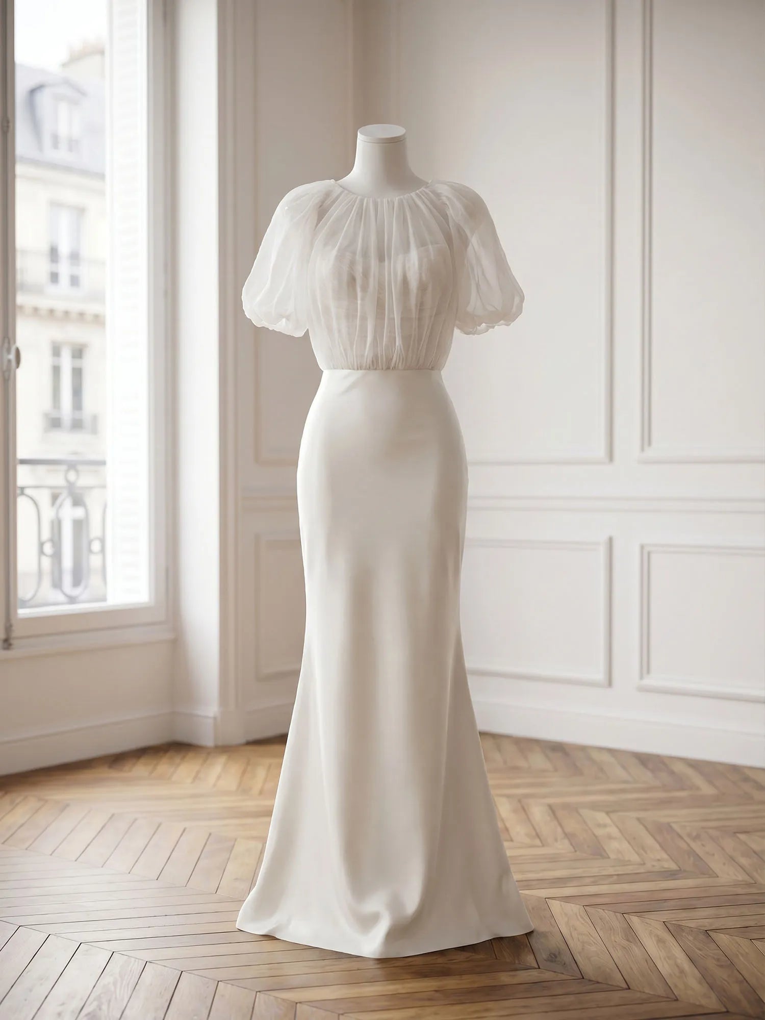 High Neck Sheer Puff Sleeve Satin Mermaid Evening Gown with Ruched Bodice