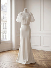 High Neck Sheer Puff Sleeve Satin Mermaid Evening Gown with Ruched Bodice