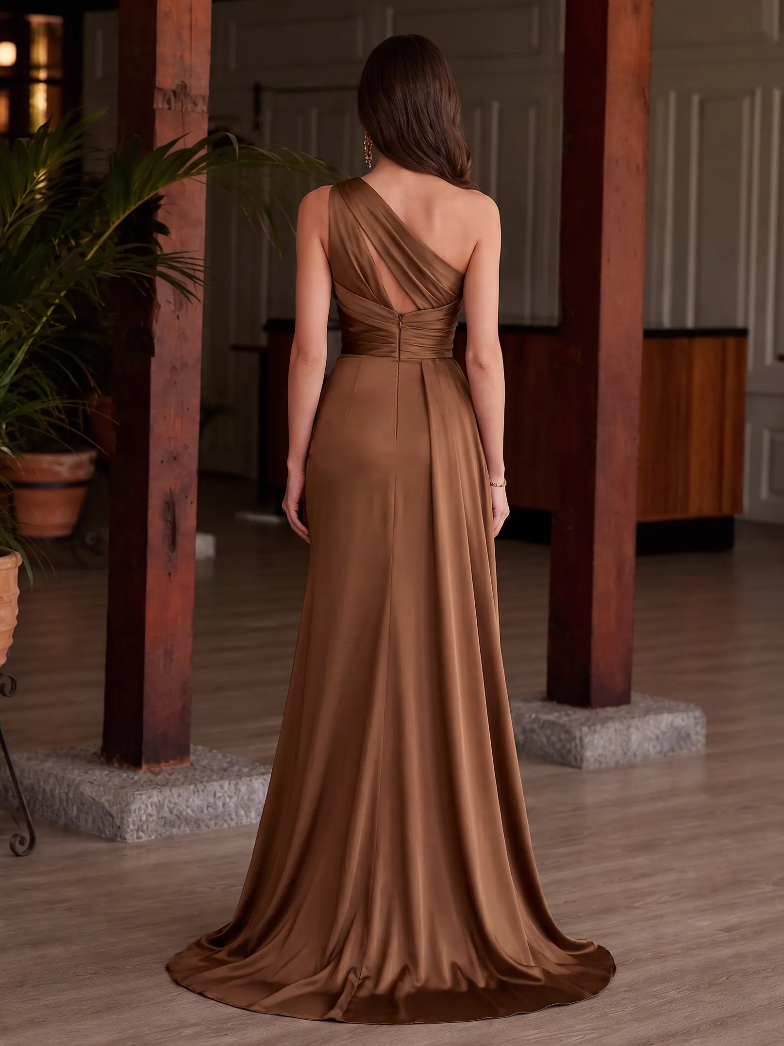 Elegant Brown One-Shoulder Satin Evening Dress with Draped Bodice and Glitter Panel