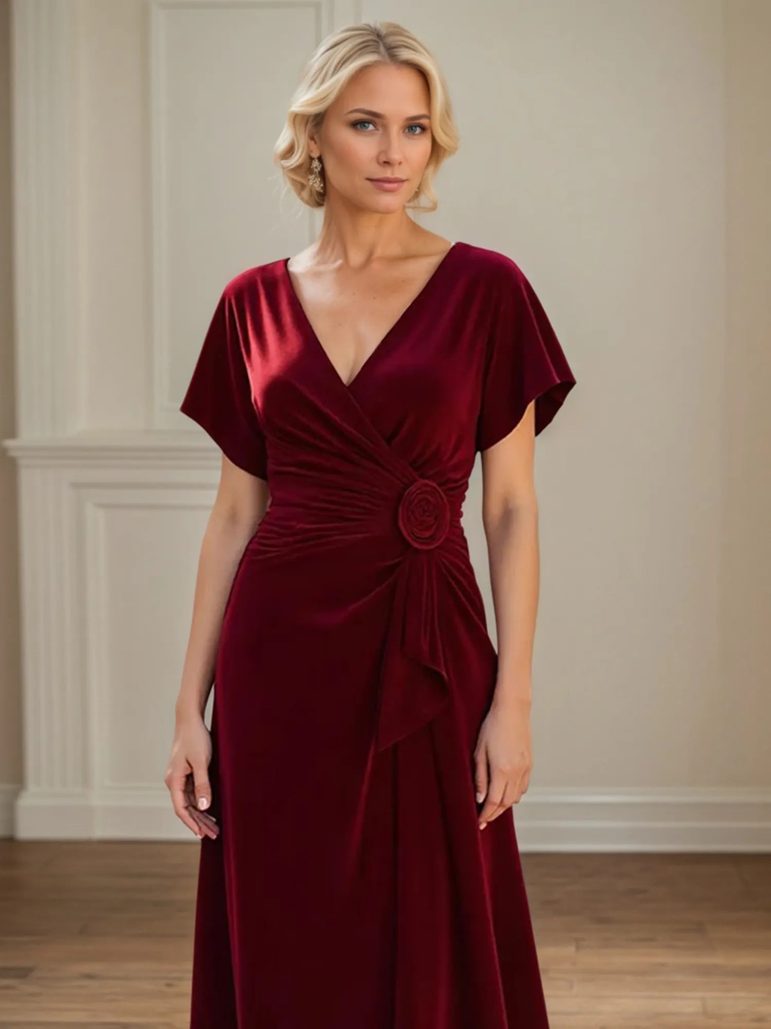A Line V Neck Ruched Floor Length Mother of the Bride Dress