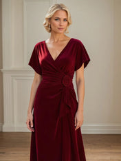 A Line V Neck Ruched Floor Length Mother of the Bride Dress