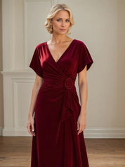 A Line V Neck Ruched Floor Length Mother of the Bride Dress