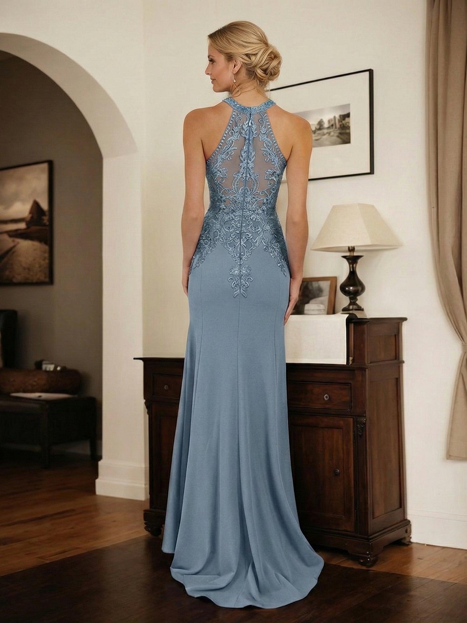 Dusty Blue Sheath Halter Long Mother of Bride Dress With Appliques