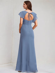 Slate Blue Chiffon A Line V Neck Floor Length Bridesmaid Dress With Ruffle