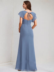 Slate Blue Chiffon A Line V Neck Floor Length Bridesmaid Dress With Ruffle