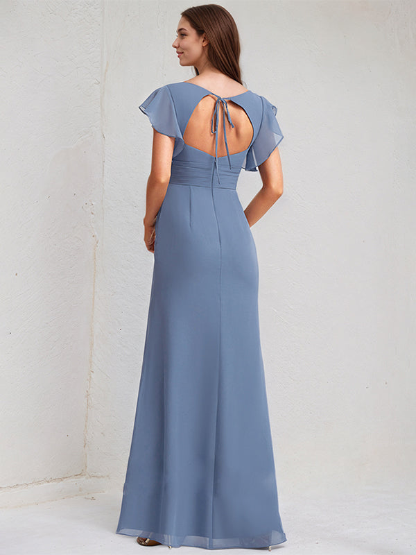 Slate Blue Chiffon A Line V Neck Floor Length Bridesmaid Dress With Ruffle