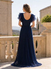 Flutter Sleeve Pleated Chiffon Gown with Ruffle Trim Mother of The Bride Dresses