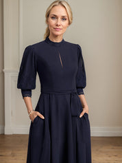 A-line High Neck Tea-Length Lace Chiffon Mother of the Bride Dress With Bow