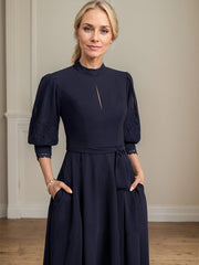 A-line High Neck Tea-Length Lace Chiffon Mother of the Bride Dress With Bow