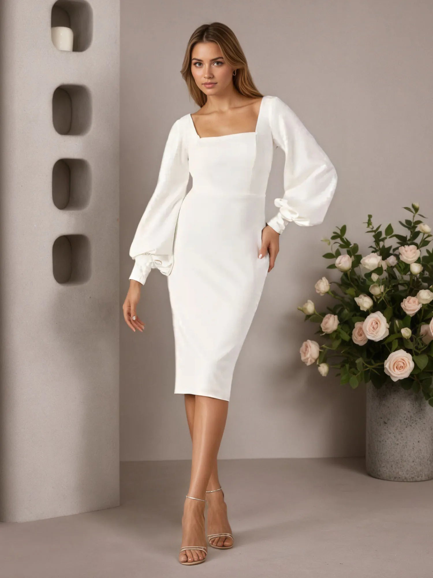 White Sheath Square Neckline Stretch Crepe Wedding Dress