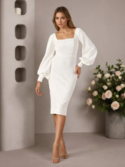 White Sheath Square Neckline Stretch Crepe Wedding Dress