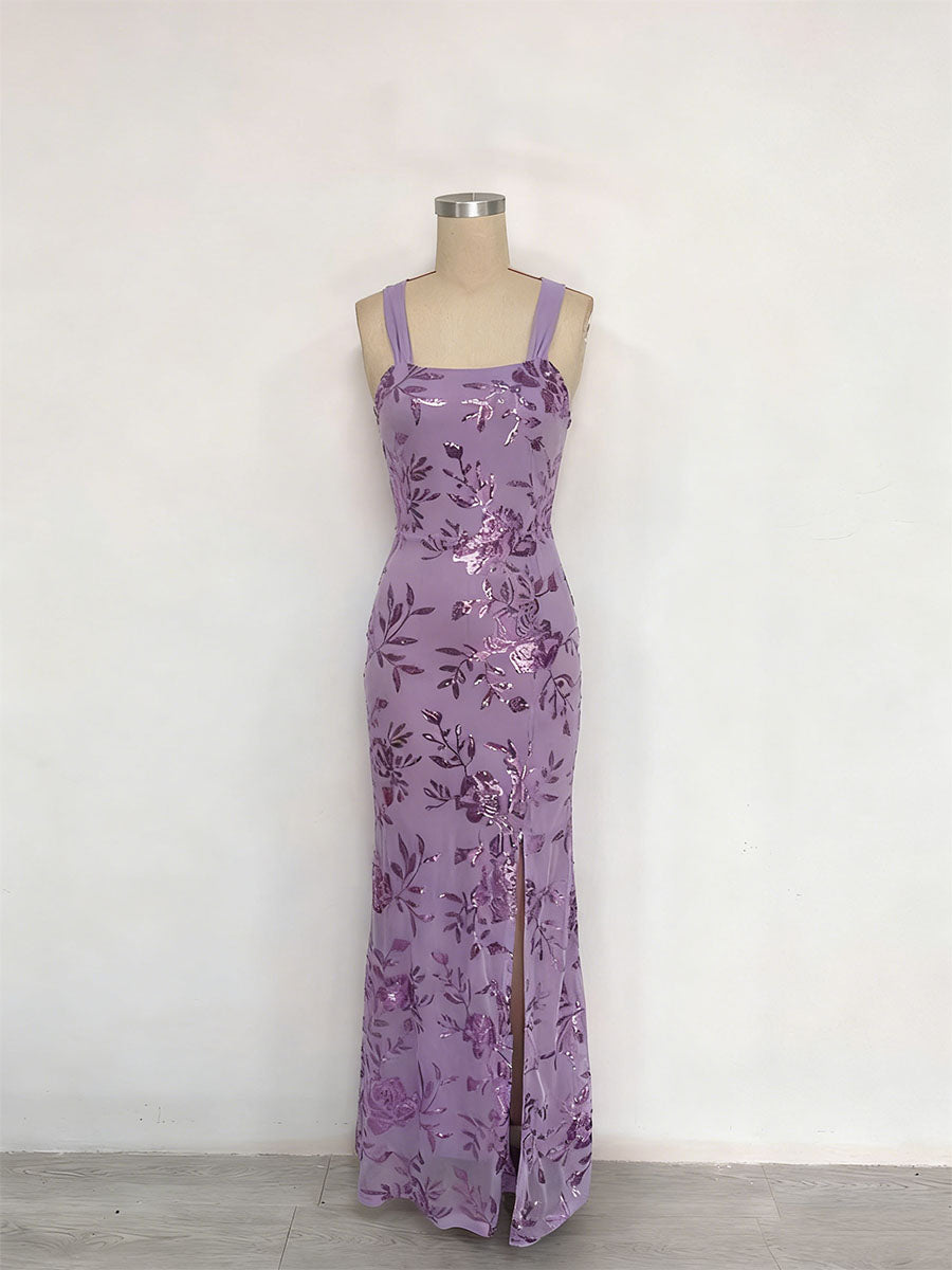 Lavender Square Neckline Floral Sequin Column Prom Dress with Wide Straps