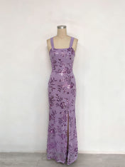 Lavender Square Neckline Floral Sequin Column Prom Dress with Wide Straps