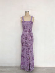 Lavender Square Neckline Floral Sequin Column Prom Dress with Wide Straps