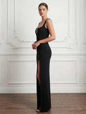 Black Regular Straps Satin Mermaid Maxi Dress with Slit