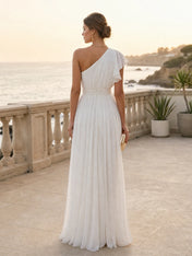 Elegant One-Shoulder Chiffon A-Line Evening Dress with Ruffle Detail and High Slit