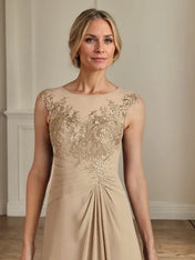 Champagne A-Line Scoop Lace Chiffon Dress