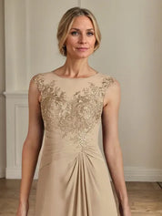 Champagne A-Line Scoop Lace Chiffon Dress