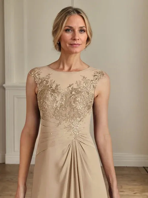 Champagne A-Line Scoop Lace Chiffon Dress