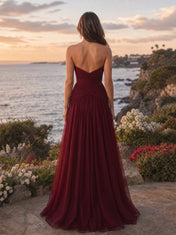 Strapless Sweetheart Ruched Chiffon A-Line Evening Gown with Drop Waist