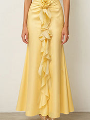Yellow Satin Cowl Neck Sleeveless Floor Length Dress With Floral Ruffled