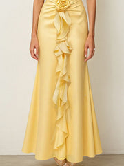 Yellow Satin Cowl Neck Sleeveless Floor Length Dress With Floral Ruffled