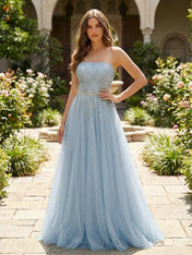 Strapless Beaded Tulle A-Line Long Prom Dress
