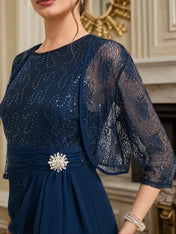 Purplish blue Women Lace Crew Neck Half Sleeve Dress With Coat Two-Piece Set