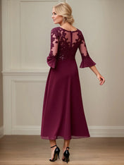 A Line Scoop Neck Applique Tea Length Mother of the Bride Dress