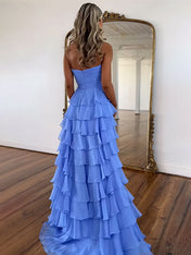 Fuchsia A-Line Sweetheart Chiffon Tiered Long Prom Dress with Slit