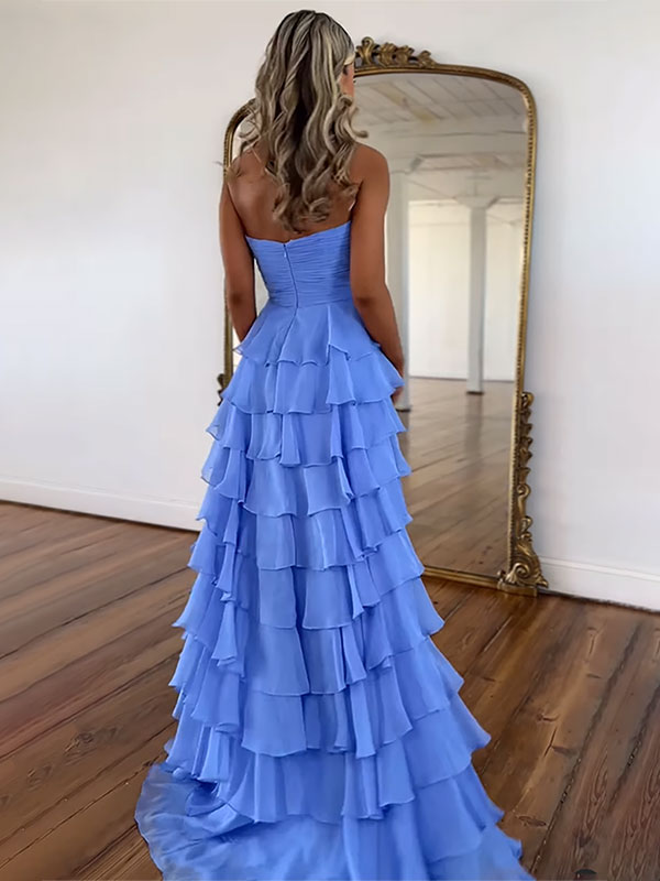 Fuchsia A-Line Sweetheart Chiffon Tiered Long Prom Dress with Slit