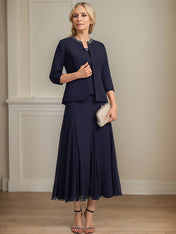 Separates A-line Scoop Tea-Length Chiffon Mother of the Bride Dress With Sequins Beading