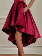 Party Cocktail Dress Wine Red Round Neck Asymmetrical Length Dress