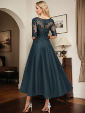 Dark Navy A-line Boat Neck Illusion Asymmetrical Lace Satin Mother of the Bride Dress With Beading