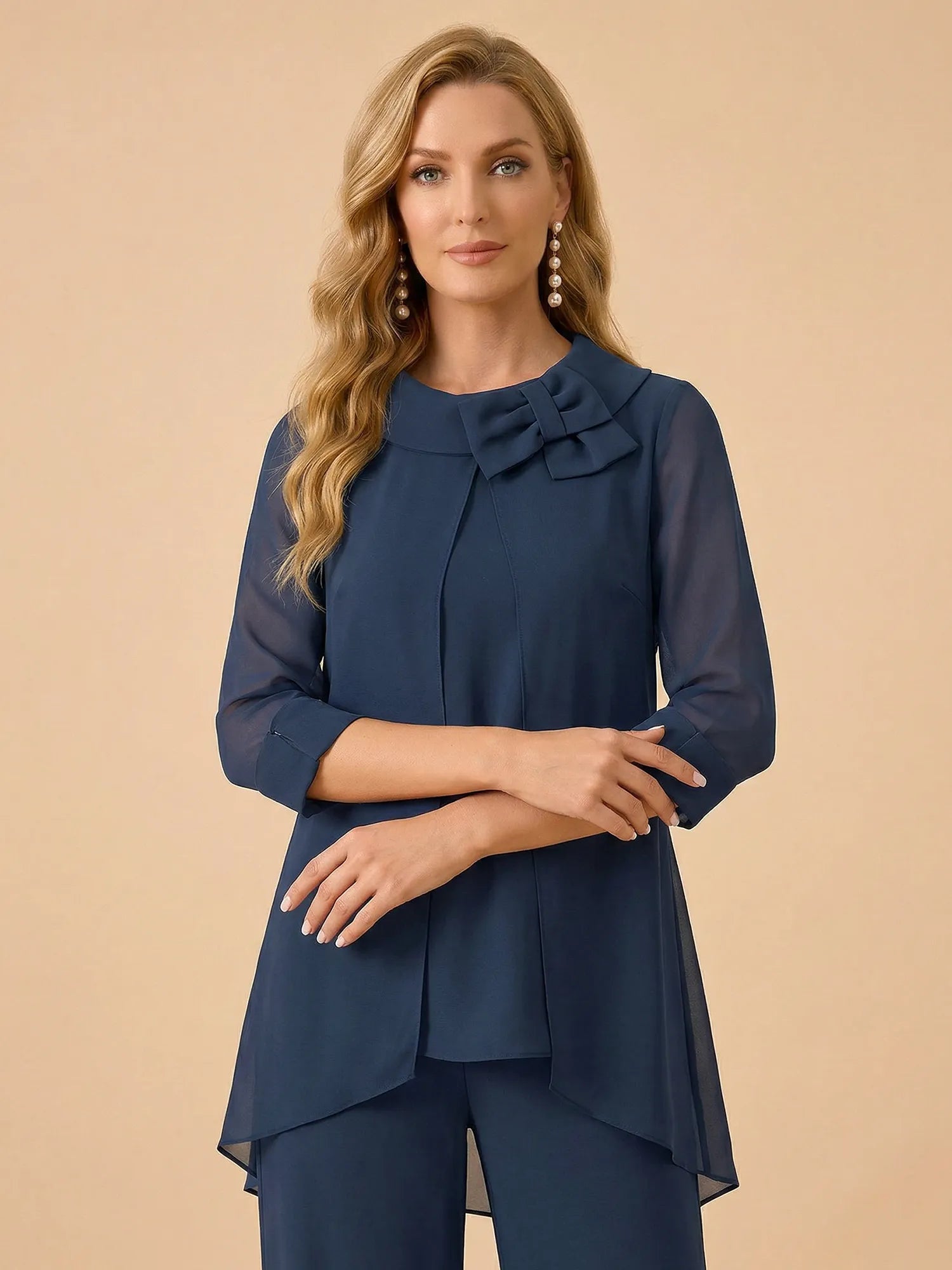 Scoop Neck 3/4 Sleeve Pleated Chiffon Mother of the Bride Pantsuit