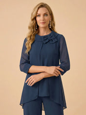 Scoop Neck 3/4 Sleeve Pleated Chiffon Mother of the Bride Pantsuit