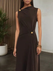 Brown Buckle Ruched Cotton Knit Asymmetrical Sleeveless A-Line Maxi Dress