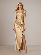 Champagne A-Line Satin V Neck Asymmetrical Mother of the Bride Dress
